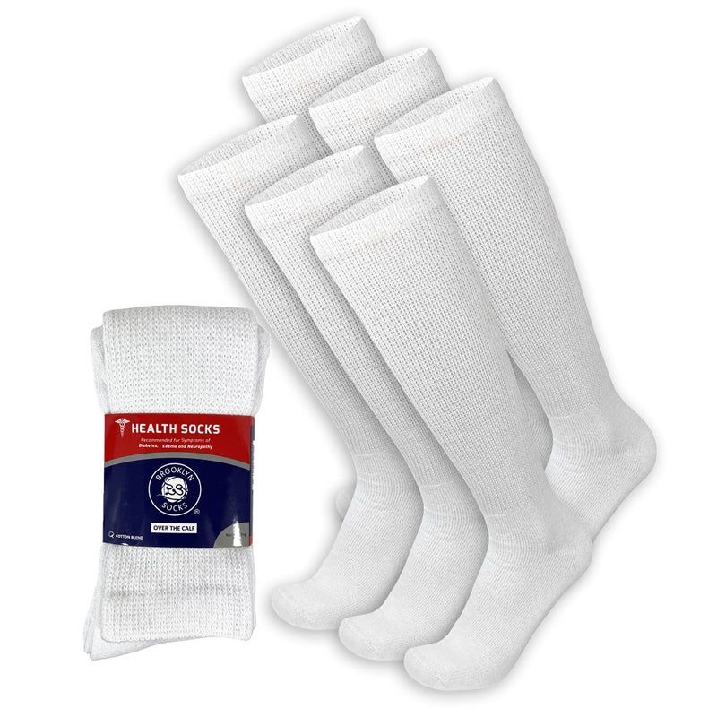Brooklyn Socks 6 Pairs of Diabetic Over The Calf - Knee High Cotton Socks (White - 6 Pairs, Fit Men's Shoe Size 12-15) - Image 1